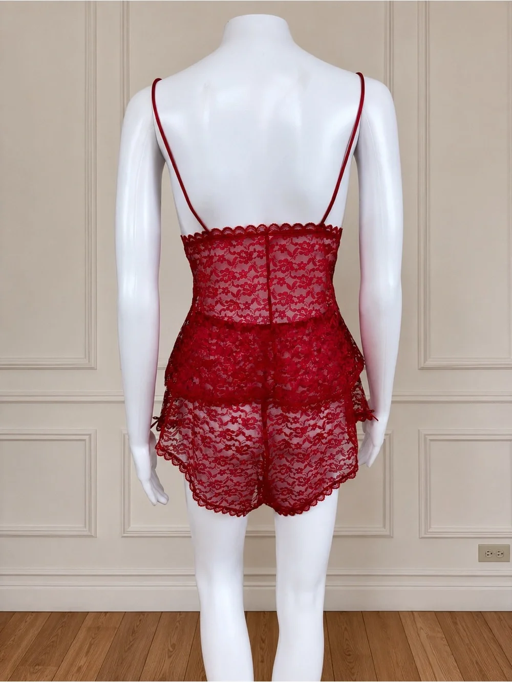 Texsheen Vintage 70s 80s Red Lace Lingerie 2 Piece Set Sheer Cami Shorts Sz L